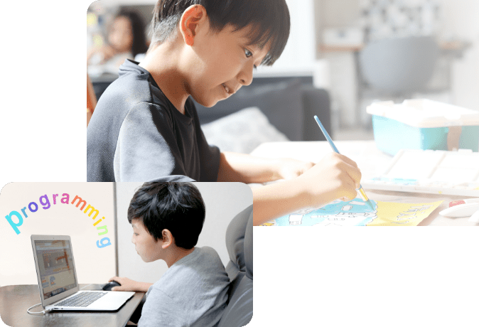 男の子が絵の具で色を塗っている写真とパソコンでプログラミングをしている写真